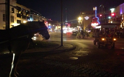 Nighttime in downtown Nashville.